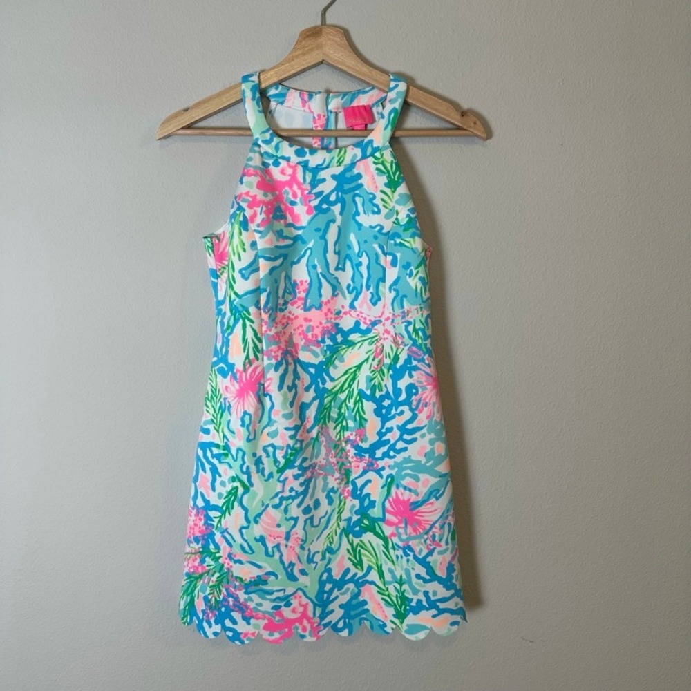 Lilly Pulitzer Sophelia Shift Dress Colorful Coral Bay Print Girls Size 10 EUC